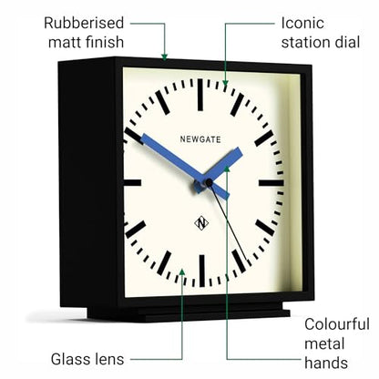 NEWGATE® Amp Desk Clock | Square Station Clock Design | Black case with Blue Hands | Modern Style for Desk, Table top, Mantel, Shelf or Bedside - color: Matt Black Case With Cream Dial (Blue)