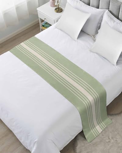 Sage Green Beige Striped Bed Runner for Queen Size, Farmhouse Hotel Bed Scarf, Modern Farmhouse Retro Lines Decorative Beds Throws of Foot Bedding Runners & Scarves for Bedroom, 83 x 20 Inch - color: Darkseagreen Beige, size: 83 x 20 Inch