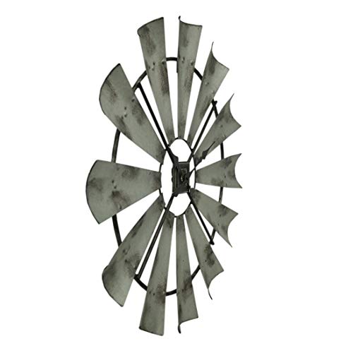 Distressed Grey Rustic 30 Inch Metal Windmill Wall Clock | 12 Blades Mark the Hours, Quartz Movement, 1 Inch Projection, Requires 1 AA Battery