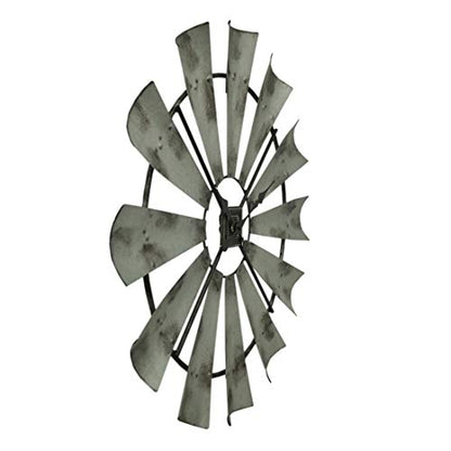 Distressed Grey Rustic 30 Inch Metal Windmill Wall Clock | 12 Blades Mark the Hours, Quartz Movement, 1 Inch Projection, Requires 1 AA Battery