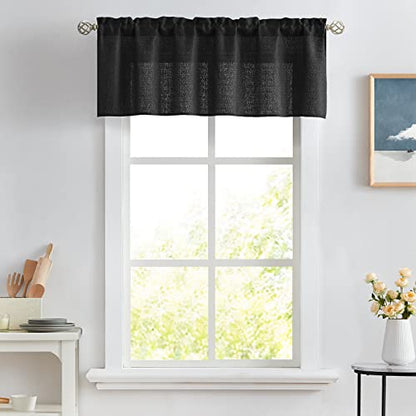 Melodieux Black Semi Sheer Curtain Valance for Kitchen Cafe Small Windows Linen Look Rod Pocket, 52 by 18 Inch, 1 Panel - color: Black, size: 52"W x 18"L (Pack of 1)