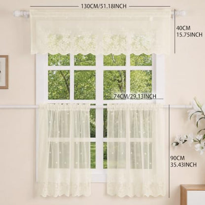 Molaxhome Kitchen Curtains Valance Beige Lace Floral Semi Sheer Curtain - color: Beige, size: 51"W x 16"L (Pack of 1)
