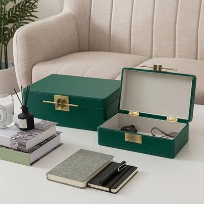 Soul & Lane - Faux Leather Boxes with Lids, Set of 2, Emerald Green