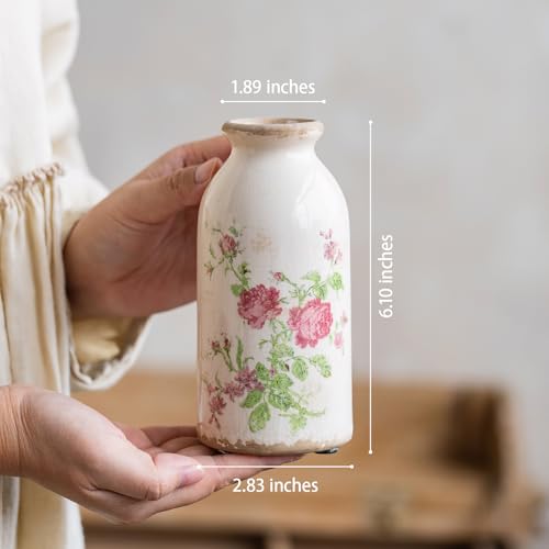 Ceramic Rustic Farmhouse Vase, Distressed Flower Vase for Home Decor, Ideal Shelf Decor, Boho Vase for Living Room Bedroom Kitchen Office Decor Centerpiece Table Decorations (6 inches) - color: Pink Flora, size: 6 Inch