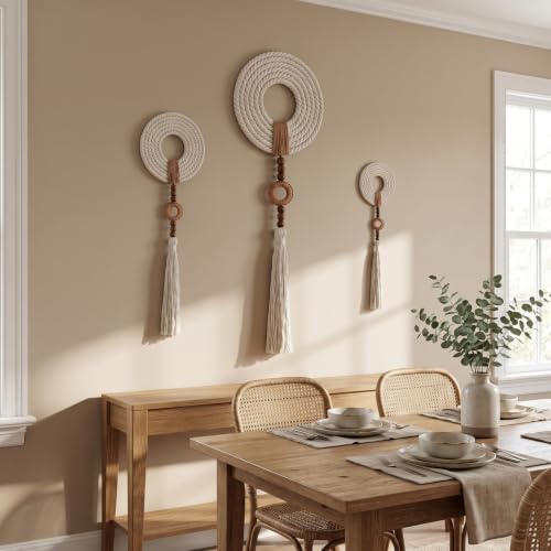 Tegeme 3 pcs Macrame Wall Hanging decor, Woven Tassel, Beige, Wood - size: Wood, style: Woven Tassel