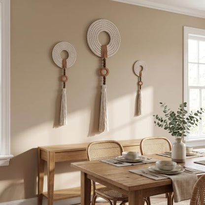Tegeme 3 pcs Macrame Wall Hanging decor, Woven Tassel, Beige, Wood - size: Wood, style: Woven Tassel