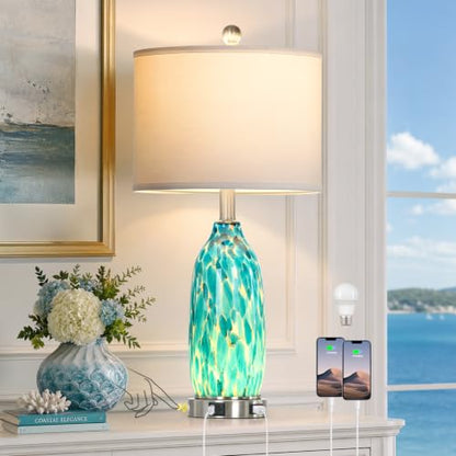 Rinweey 26" Peacock Green Glass Table Lamp for Bedroom Living Room,Coastal Nautical Bedside Lamps with USB Ports & AC Outlet,Touch Lamps with Night Light,Single Peacock Green - color: Peacock Green-1P