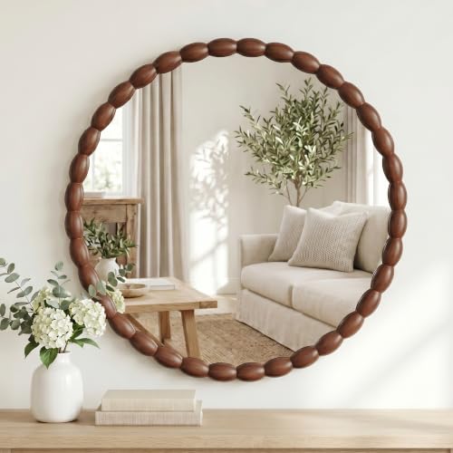 30"x30" Round Solid Wood Farmhouse Decorative Wall Mirror - color: Beaded-walnut Color, size: 30"L x 30"W