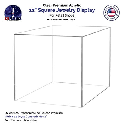 12" Acrylic Display Riser Box with One Open Side No Lid Versatile Clear Glossy Square Lucite Retail Product Platform or Merchandise Storage Bin No Assembly by Marketing Holders - size: 12" Cube-Clear