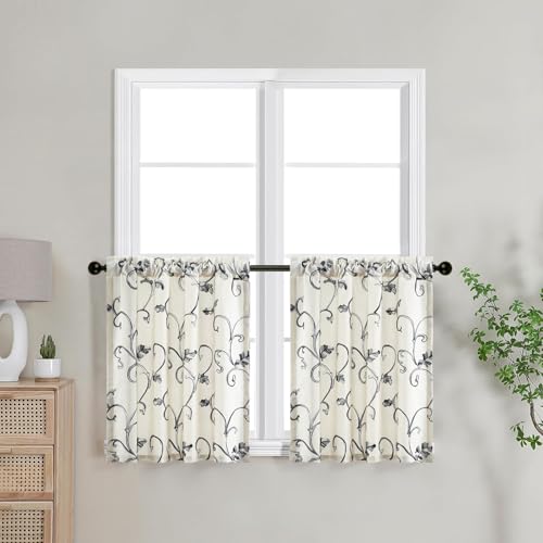 VOGOL Vine Embroidered Kitchen Tier Curtains, 30 x 30 Inches, 2 Panels - color: Grey, size: 30"W x 30"L (Pack of 2)