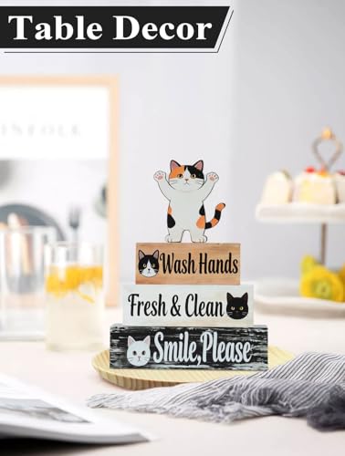 4 Pcs Cat Bathroom Decor Sign, Wooden Tabletop Decor for Bathroom - size: Cat wash hands