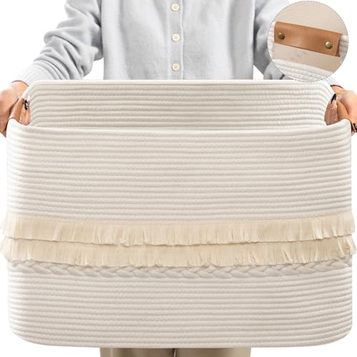 danpinera 108L Large Basket for Living Room, Boho Decorative Basket Organizing with Handles, Cotton Rope Storage for Toys, Pillows, Clothes, 25’’*16’’*16’’ White - color: White, size: 108L