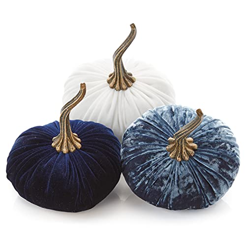 Set of 3 Velvet 6.25 Inch Pumpkins, blue pumpkins, gift set, hygge home, autumn tablescape, bowl filler for kitchen decor, bedroom decor, fall indoor decor (Luxe Indigo, Navy, Ivory) - color: Indigo, Navy, Ivory