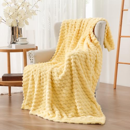 Vessia Flannel Fleece Throw Blanket, 3D Jacquard Light Yellow Fuzzy and Warm Blanket for Couch, Sofa, Bed, 300GSM Super Soft Touch Cozy Home Decor for All Seasons (50x40 inches) - color: Light Yellow, size: 50×40inch