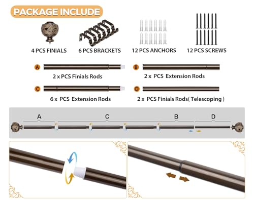 USFOOK 2 Pack Curtain Rods for Windows 48 to 84 Inch, Bronze, Leaf Finials - color: Bronze, size: 48-84"(2 pack)