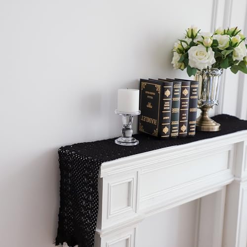 Simple&Opulence Boho Macrame 100% Cotton Table Runner - 12 x 72 Inch, Woven Farmhouse Table Runner with Tassels for Bohemian Rustic Wedding, Bridal Shower, Dinner （Black） - size: 12"x72", style: Cotton / Black