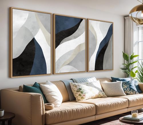 Large Abstract Framed Wall Art, Modern Blue Grey Canvas Pictures, 24"X36"X3 - color: Navy, size: 24" X 36" X 3pieces Framed