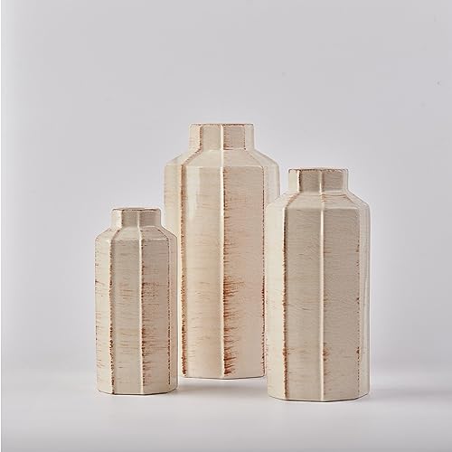 Ceramic Rustic Farmhouse Vase Set of 3,Ice Cracked Glazed Terracotta Vase - color: 18096lms-ec-beige