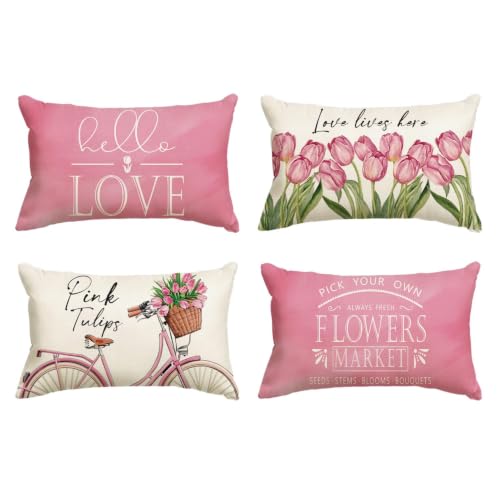 AVOIN colorlife Hello Love Pink Tulips Bicycle Throw Pillow Covers, 12 x 20 Inch Flowers Spring Mother's Day Cushion Case for Sofa Couch Set of 4 - size: 20" x 12" (Pack of 4)