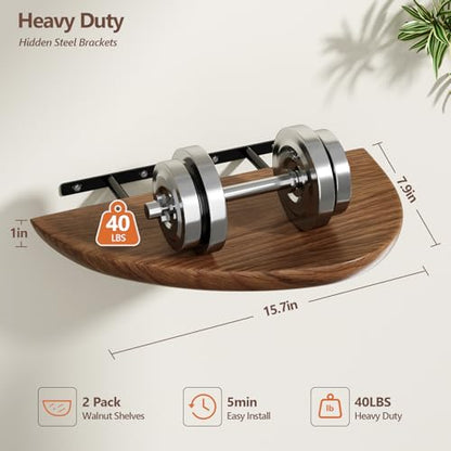 Solid Walnut Floating Shelves for Wall 15.7" Set of 2, Wall Mounted Shelf - color: Walnut