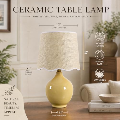 21"H Butter Yellow Ceramic Table Lamp with Beige Faux Rattan Drum Shade - color: Butter Yellow