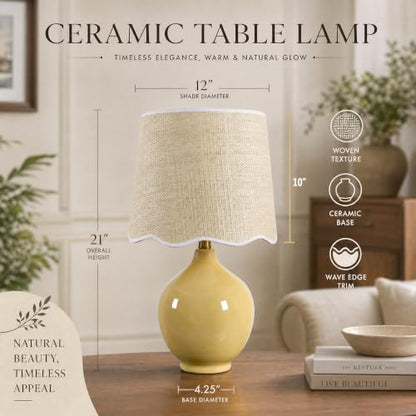 21"H Butter Yellow Ceramic Table Lamp with Beige Faux Rattan Drum Shade - color: Butter Yellow