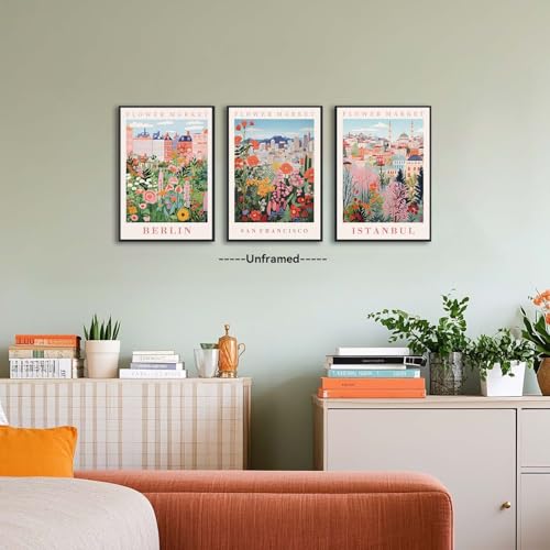 XLARTMY Flower Market Wall Art Prints Canvas Orange and Pink Floral Paintings Colorful Botanical Travel Flower Posters for Home Decor Pictures Set of 3 for Living Room Bedroom 16x24in Unframed - color: Flower Market ORange-2, size: 16x24in Poster