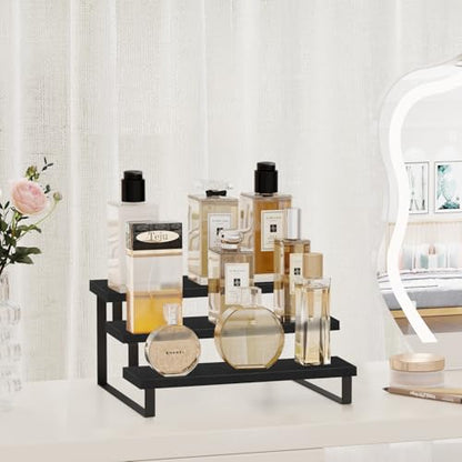 YINMIT Wooden Display Riser Stand, Tiered Perfume and Cologne Organizer Stand, 3 Tier Spice Rack Organizer, Rustic Display Shelf for Candles (3 Tier,Black) - color: 3 Tier,1 Pack,Black