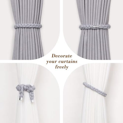 NICEEC 2 Pack Natural Cotton Rope Magnetic Curtain Tiebacks Elegant Twisted Braid Style Drape Tie Backs Soft Hand-Woven Rope Curtain Holdbacks for Home & Office Window Draperies (Light Grey-01) - color: Light Grey-01, size: 2 Pack