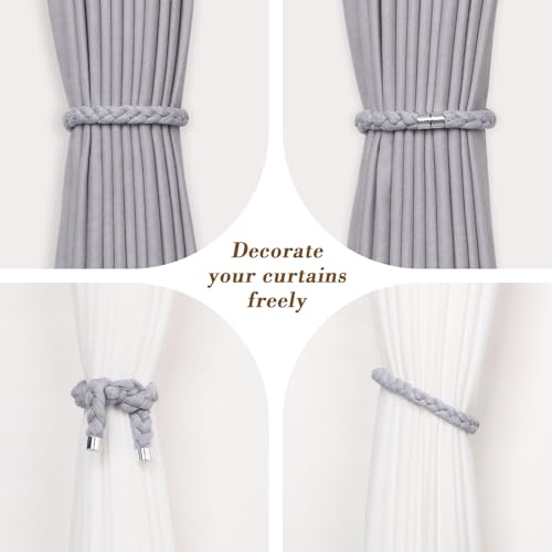 NICEEC 4 Pack Natural Cotton Rope Magnetic Curtain Tiebacks Elegant Twisted Braid Style Drape Tie Backs Soft Hand-Woven Rope Curtain Holdbacks for Home & Office Window Draperies (Light Grey-01) - color: Light Grey-01, size: 4 Pack