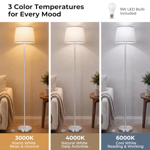 JUNNAI Floor Lamp for Living Room, Standing Lamp, 3-Color Temperatures Floor Lamp for Bedroom, Tall Lamp with Shade for Office, 9W LED Bulb Included (Silver+White Shade) - color: Silver+White Shade
