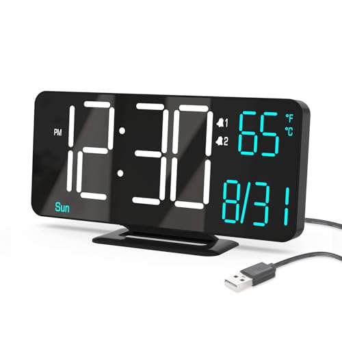 KOSUMOSU Digital Clock for Bedroom 6.7in Small Digital Alarm Clock Black, Dimming,12/24h,Date,Day of Week, Indoor Temperature,Desk Clocks for Classroom, LED Clocks for Living Room, Digital Calendar - color: Black (White + Blue Digits)