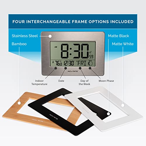 AcuRite Wireless Digital Wall/Tabletop Clock with 4 Interchangeable Plastic Frames - Stainless Steel, Bamboo, Matte Black, and Matte White – with Date, Indoor Temperature, and Moon Phase (75439) - size: (Pack of 1)