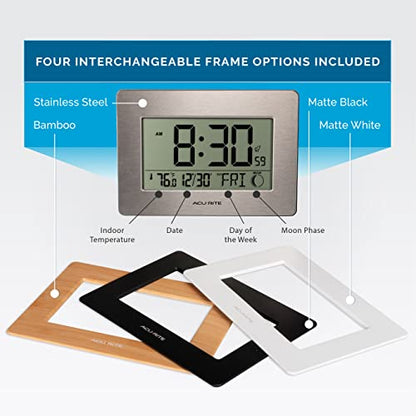 AcuRite Wireless Digital Wall/Tabletop Clock with 4 Interchangeable Plastic Frames - Stainless Steel, Bamboo, Matte Black, and Matte White – with Date, Indoor Temperature, and Moon Phase (75439) - size: (Pack of 1)
