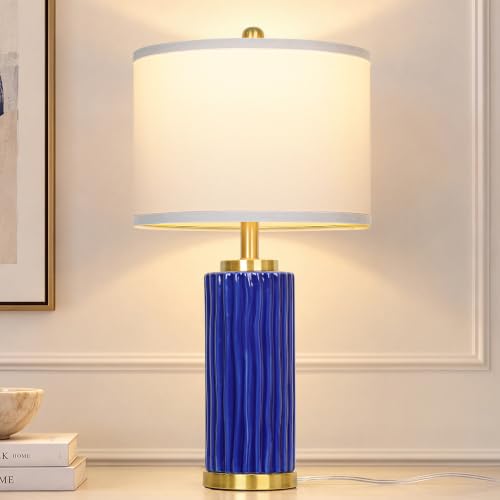 JUNNAI 25'' Navy Blue Ceramic Table Lamp, 3 Color Temperature Bulb Included - color: Navy Blue-25"