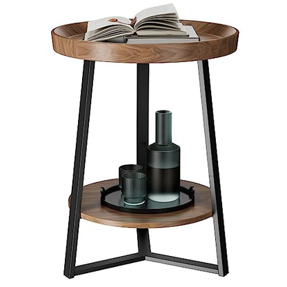 Gadroad Round End Table with Storage Shelf, Brown - color: Brown, size: 15.7"D x 15.7"W x 23"H (no Charging Station)
