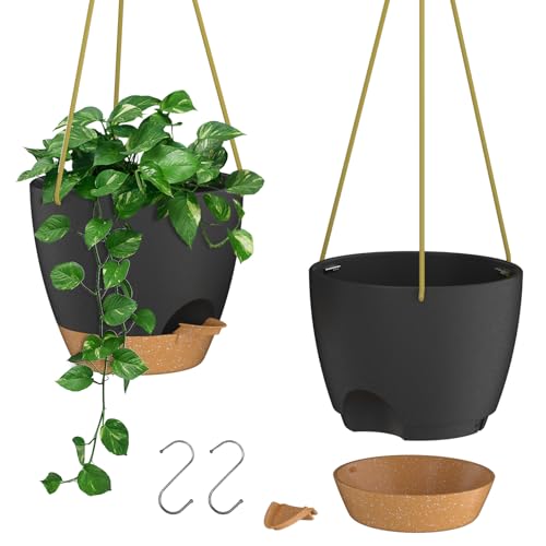 ZMTECH 8 Inch Hanging Planters for Indoor Outdoor Plants, 2 Pack Self Watering Hanging Plant Pots with Drainage Holes and Removable Saucer, Plastic Flower Hanging Pots with Watering Lip (Black) - color: Black, size: 8 Inch