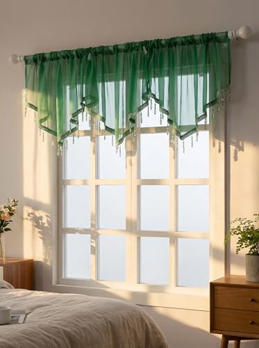 Molaxhome Swag Curtain Scalloped Curtain Valance Drape Sheer Lace Panel 1pc - color: Dark Green