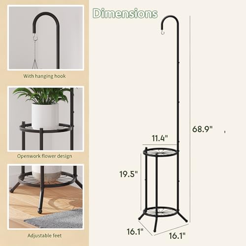 2-Tier Plant Stand With Hanging Hook, Metal Standing Plant Hanger, Black - color: Black