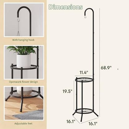 2-Tier Plant Stand With Hanging Hook, Metal Standing Plant Hanger, Black - color: Black