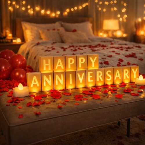 Happy Anniversary Light Up Letters, Include Light up Letters, with Tea Lights Candles, Latex Balloons, Aluminum Balloons and Rose Petals, Anniversary and Valentines' Day Decorations - style: Happy Anniversary