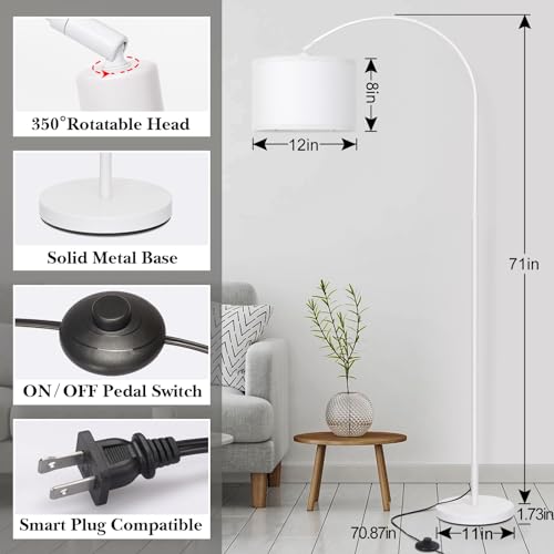 Arc Floor Lamp, White Standing Light with Adjustable Head and Pedal Switch - color: White