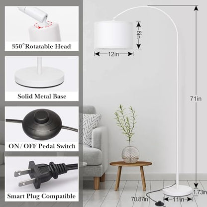 Arc Floor Lamp, White Standing Light with Adjustable Head and Pedal Switch - color: White