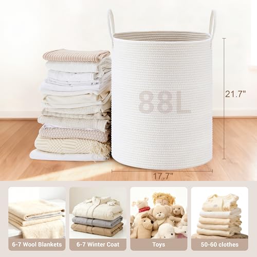 88L Large Tall Cotton Rope Laundry Basket with Handles, White - color: White, size: 88L