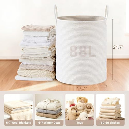 88L Large Tall Cotton Rope Laundry Basket with Handles, White - color: White, size: 88L