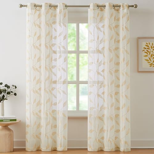 Bujasso Embroidered Leaf Sheer Curtains, Gold 38" Wx84 Lx2 - color: Gold, size: 38"W x 84"L (Pack of 2)