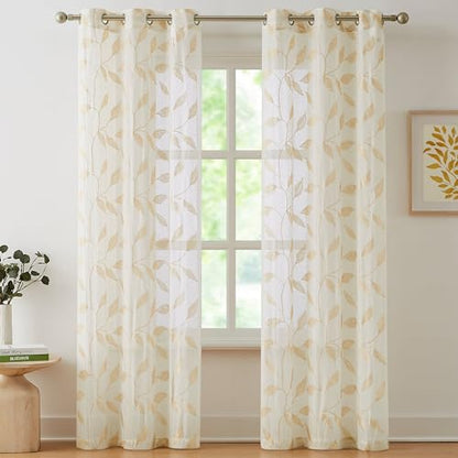 Bujasso Embroidered Leaf Sheer Curtains, Gold 38" Wx96 Lx2 - color: Gold, size: 38"W x 96"L (Pack of 2)