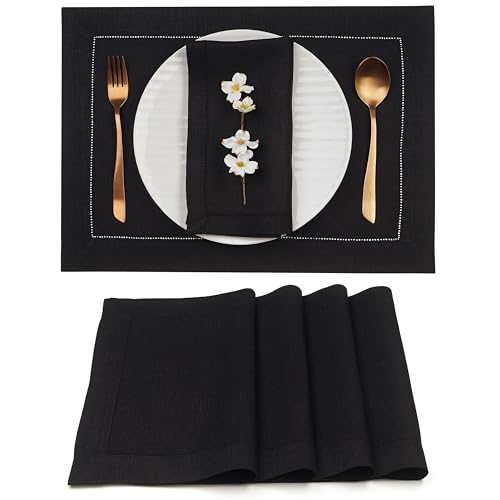 Signature Linen™ by D'Moksha, Black Placemats Set of 4, 14 x 19 Inch, 100% Pure Linen Table Mats, Hemstitch, Machine Washable Cloth Placemats- Fall, Weddings, Outdoor Hosting - color: Black, size: Set of 4 (14 X 19 Inch)