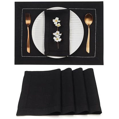 Signature Linen™ by D'Moksha, Black Placemats Set of 4, 14 x 19 Inch, 100% Pure Linen Table Mats, Hemstitch, Machine Washable Cloth Placemats- Fall, Weddings, Outdoor Hosting - color: Black, size: Set of 4 (14 X 19 Inch)