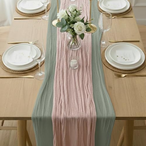 Cheesecloth Table Runner 2 Pack Sage Green and Dusty Pink, Boho Gauze Table Runner 10Ft 120 Inches Long for Wedding Decor, Party & Home Table Decoration - color: Sage Green and Dusty Pink